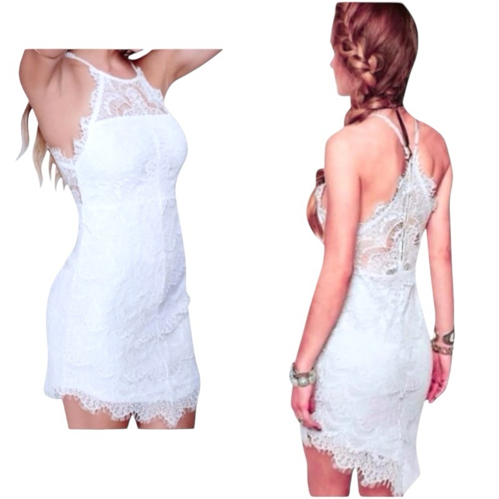 Free People It's So Hot Slip Dress Small 4 6 White Eyelash Lace Halter Neck NWT